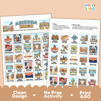 Arizona Geography BINGO Game Grand Canyon State Activity Printable Boards