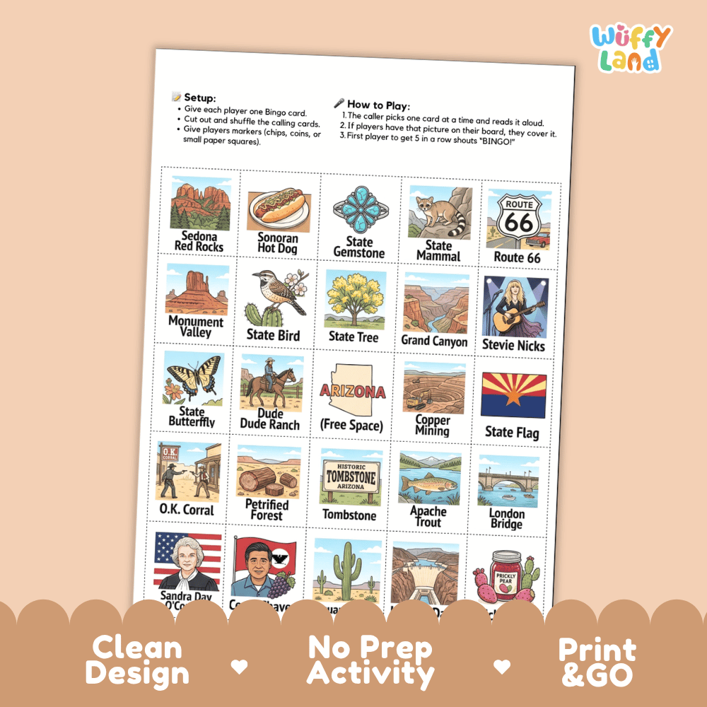 Arizona Geography BINGO Game Grand Canyon State Activity Printable Boards