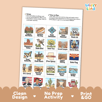 Arizona Geography BINGO Game Grand Canyon State Activity Printable Boards