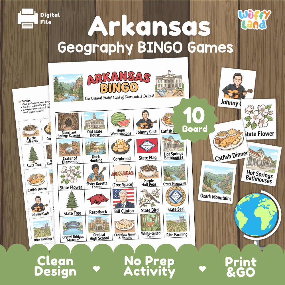 Arkansas Geography BINGO Game The Natural State Activity Printable Boards