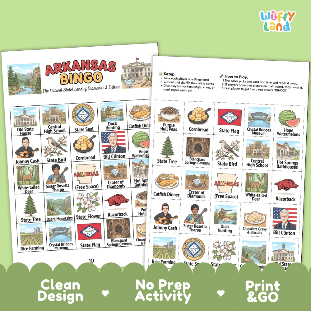 Arkansas Geography BINGO Game The Natural State Activity Printable Boards