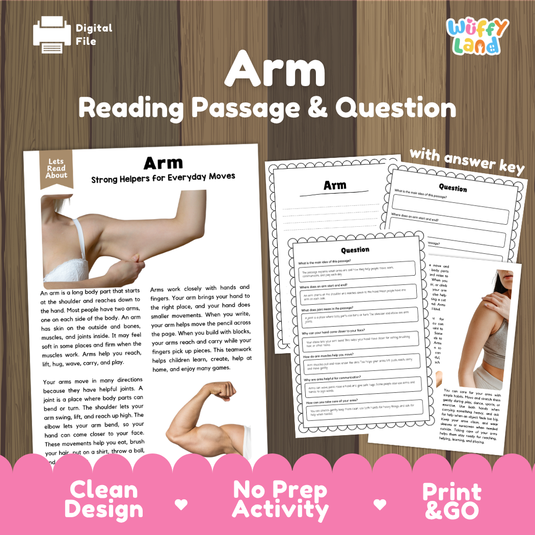 Arm reading comprehension passage and questions printable activity pack with answer key for elementary students