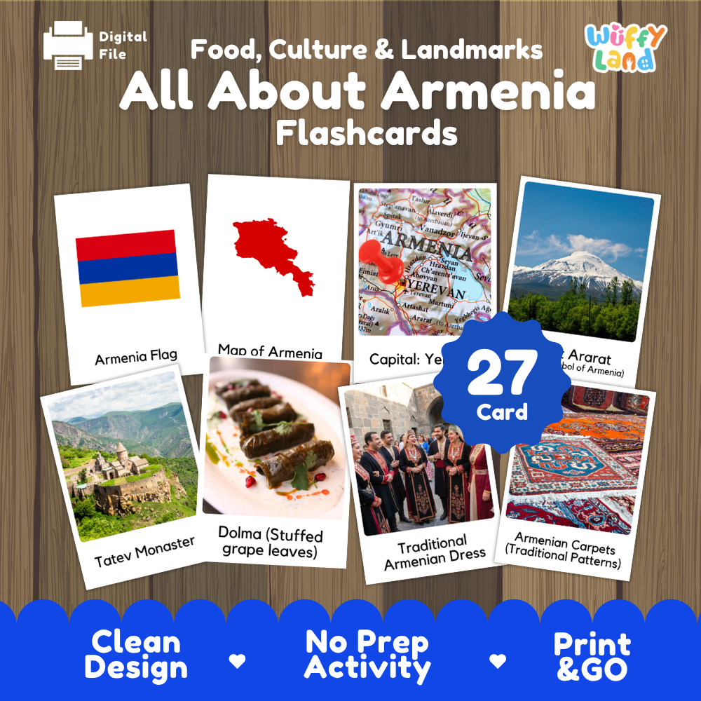 Get to know Armenia coloring poster paired with photo flashcards of Mount Ararat, Tatev Monastery, Dolma, and traditional carpets