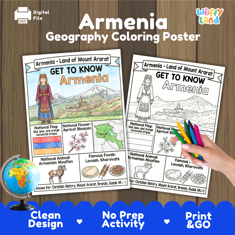 Student country research worksheet on Armenia featuring tricolor flag, Yerevan capital facts, climate, and geography map