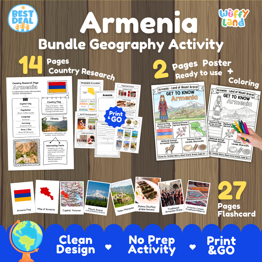 Armenia geography activity bundle cover showing 14 country research pages, 2 ready to use coloring posters, and 27 photo flashcards