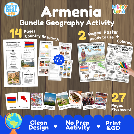 Armenia geography activity bundle cover showing 14 country research pages, 2 ready to use coloring posters, and 27 photo flashcards