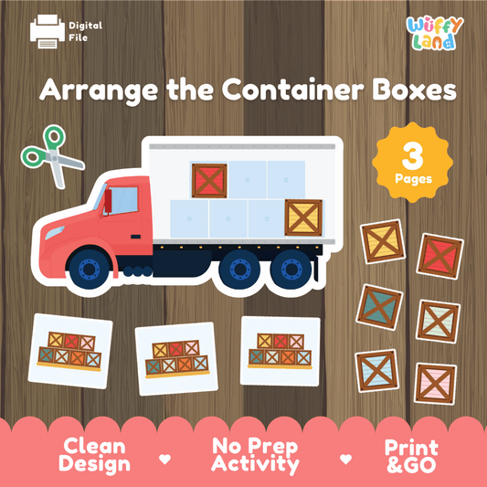Arrange the container boxes printable spatial reasoning and cargo truck logic activity pack overview from Wuffy Land featuring 3 pages 🚚📦