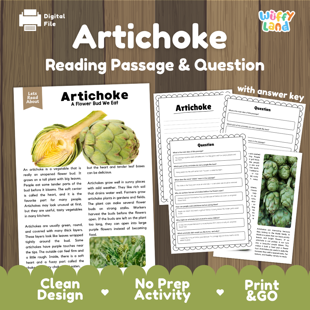 Artichoke reading comprehension passage and questions printable activity pack with answer key for elementary students