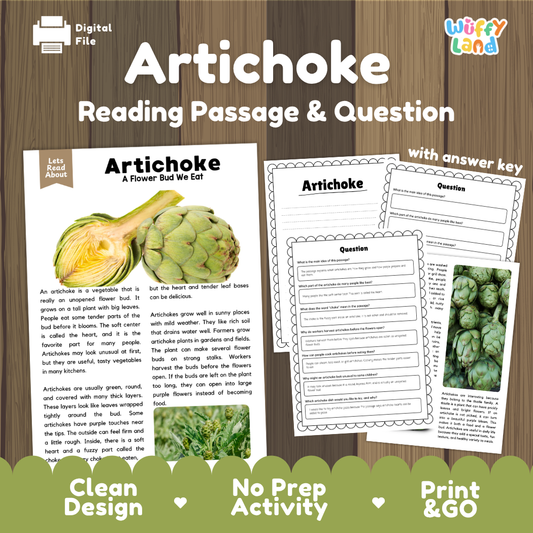Artichoke reading comprehension passage and questions printable activity pack with answer key for elementary students