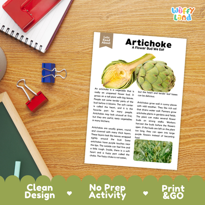 Student reading comprehension worksheet with short-answer questions and lined sections about artichoke vegetables