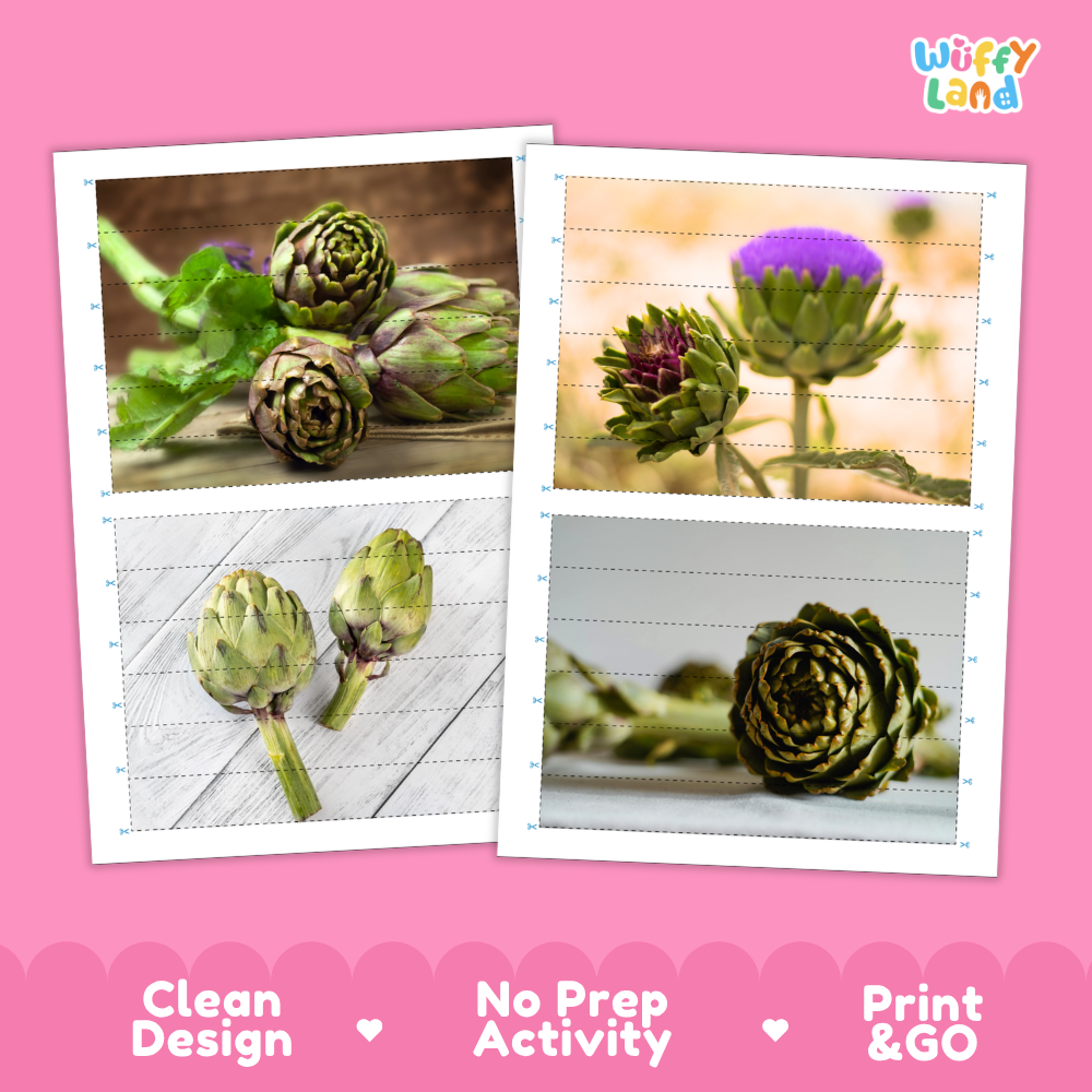 Printable activity sheets featuring photographic artichoke puzzle boards and cutting guides