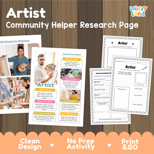 Artist community helper research page writing worksheets pack featuring real photos and student activity pages for elementary social studies and visual arts