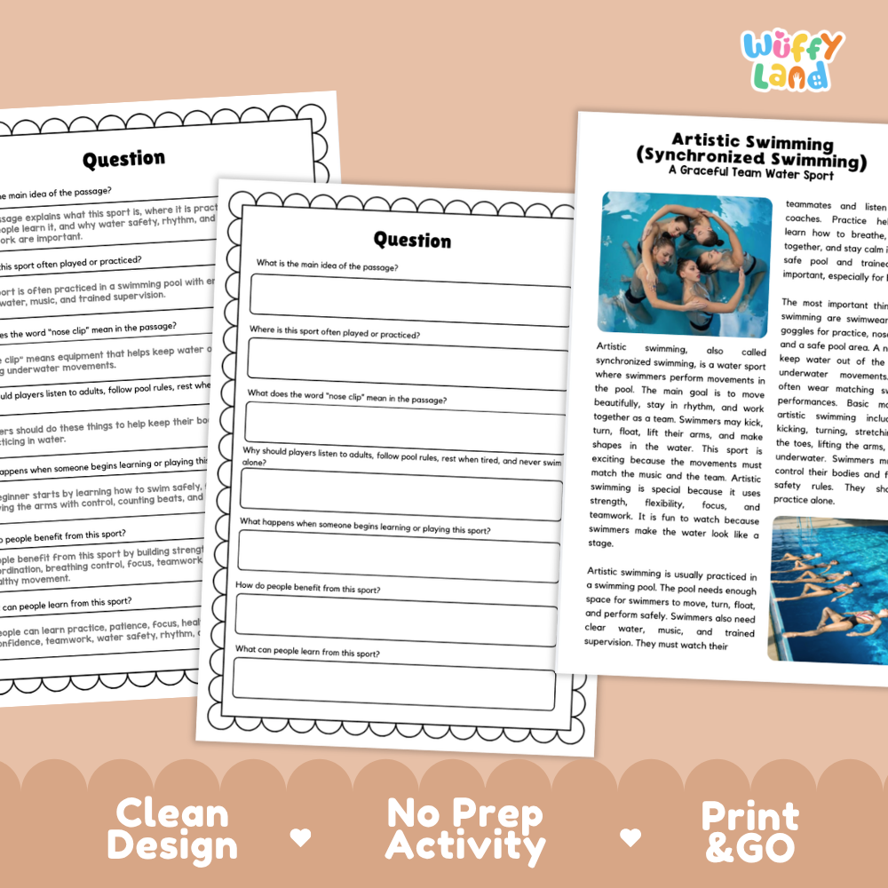 Artistic Swimming Sports Reading Passages and Comprehension Questions Worksheets