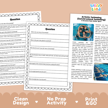 Artistic Swimming Sports Reading Passages and Comprehension Questions Worksheets