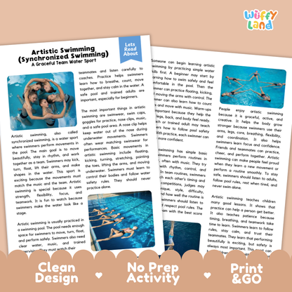 Artistic Swimming Sports Reading Passages and Comprehension Questions Worksheets