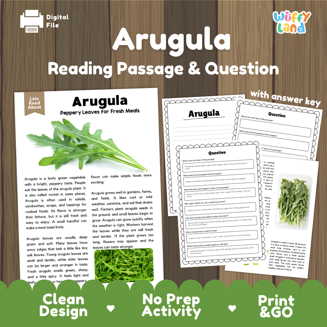 Arugula reading comprehension passage and questions printable activity pack with answer key for elementary students