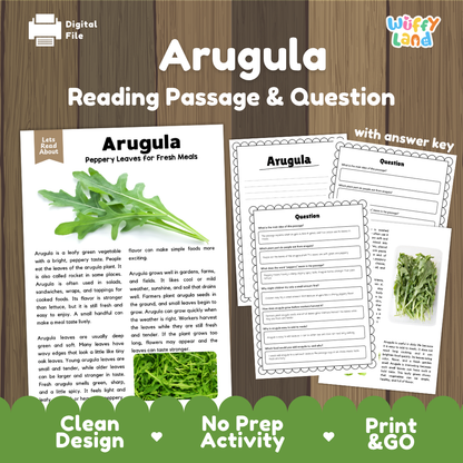 Arugula reading comprehension passage and questions printable activity pack with answer key for elementary students