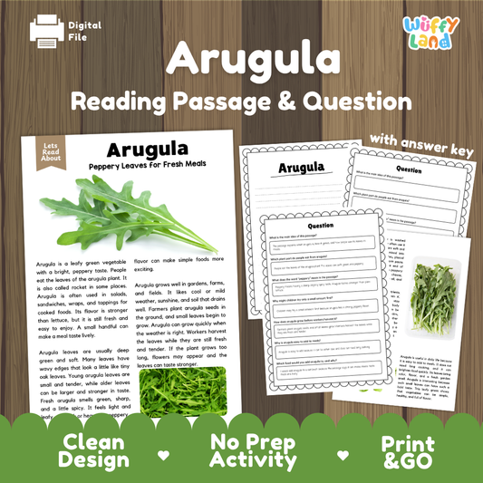 Arugula reading comprehension passage and questions printable activity pack with answer key for elementary students
