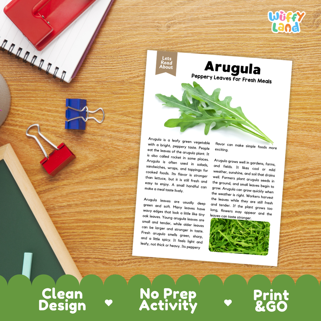Student reading comprehension worksheet with short-answer questions and lined sections about arugula vegetables
