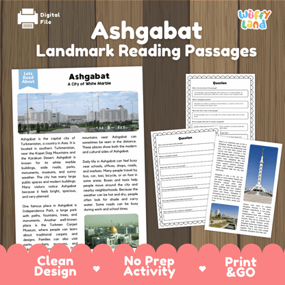 Ashgabat landmark reading passage and comprehension worksheet educational unit featuring nonfiction text and authentic Ashgabat Turkmenistan white marble architecture photography