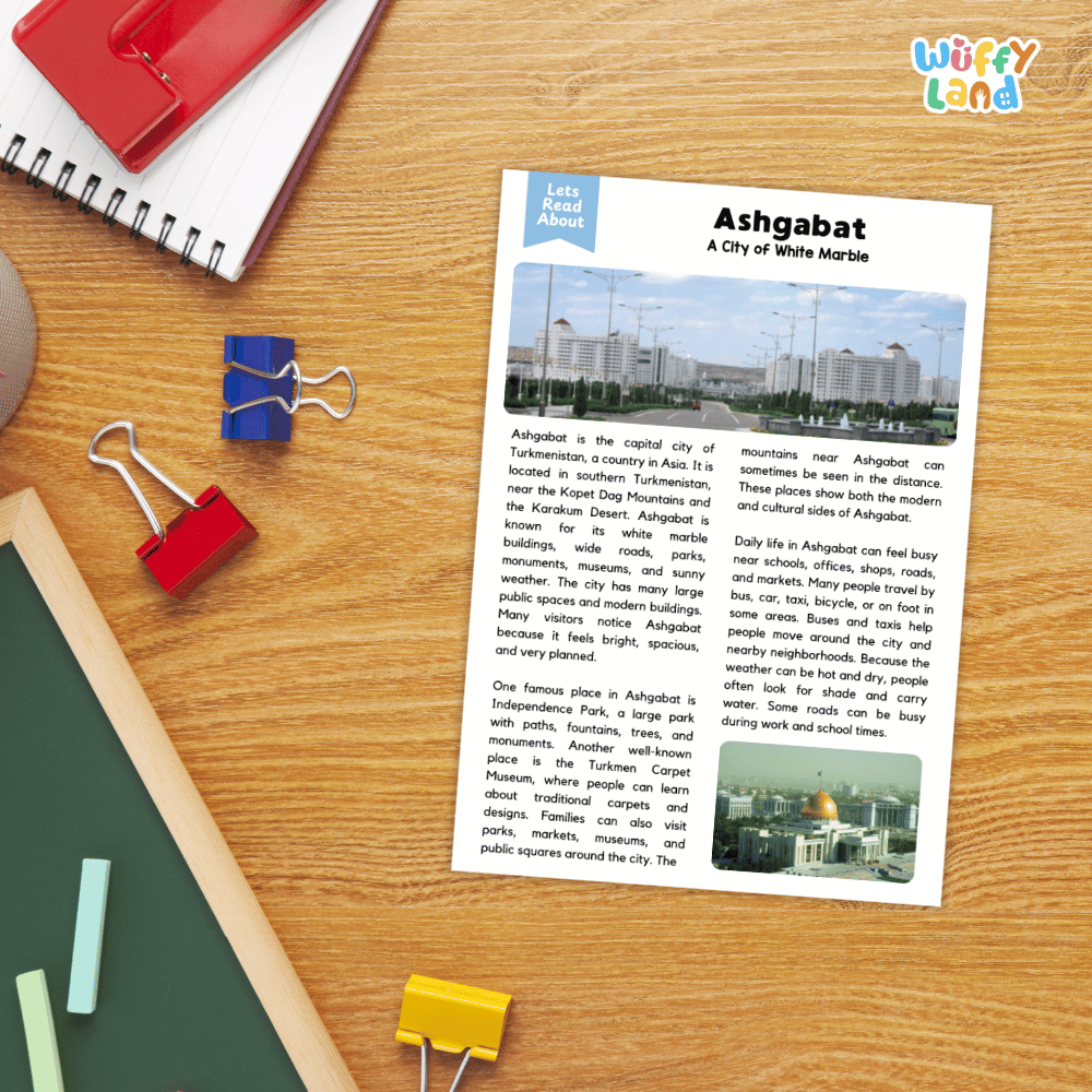 Lined reading comprehension question worksheet covering main ideas vocabulary terms and landmark facts about Ashgabat Turkmenistan