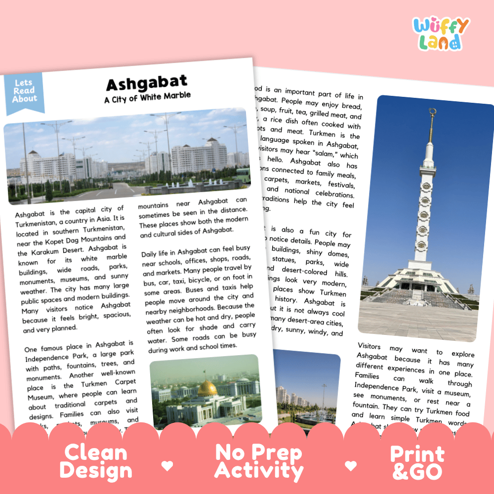 Reference sheet and answer key for Ashgabat landmark reading passage displaying completed comprehension answers and Central Asian geography facts