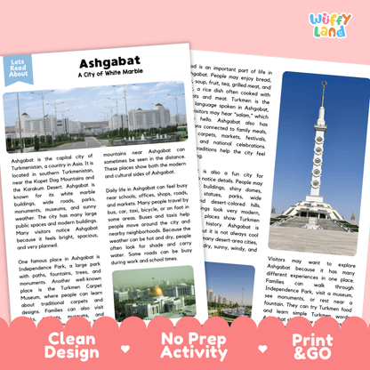 Reference sheet and answer key for Ashgabat landmark reading passage displaying completed comprehension answers and Central Asian geography facts