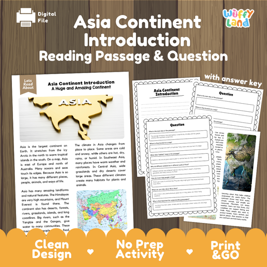 Asia Continent Introduction reading comprehension passage and questions printable activity pack with answer key for elementary students