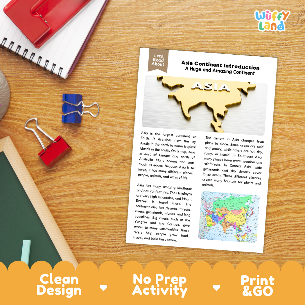 Student reading comprehension worksheet with short-answer questions and lined sections about the continent of Asia
