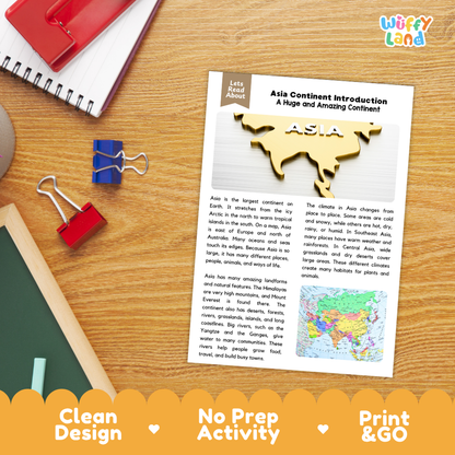 Student reading comprehension worksheet with short-answer questions and lined sections about the continent of Asia