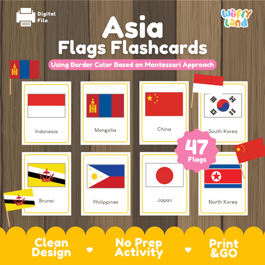 Asia flags flashcards printable Montessori geography activity cards pack overview from Wuffy Land featuring 47 country flags