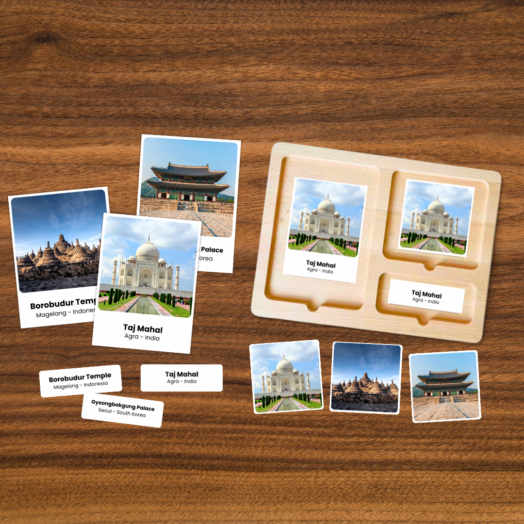 Asia landmark matching cards for kids with 26 famous places designed for visual matching, vocabulary and geography practice