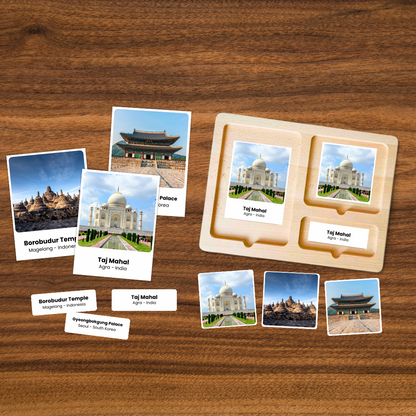 Asia landmark matching cards for kids with 26 famous places designed for visual matching, vocabulary and geography practice