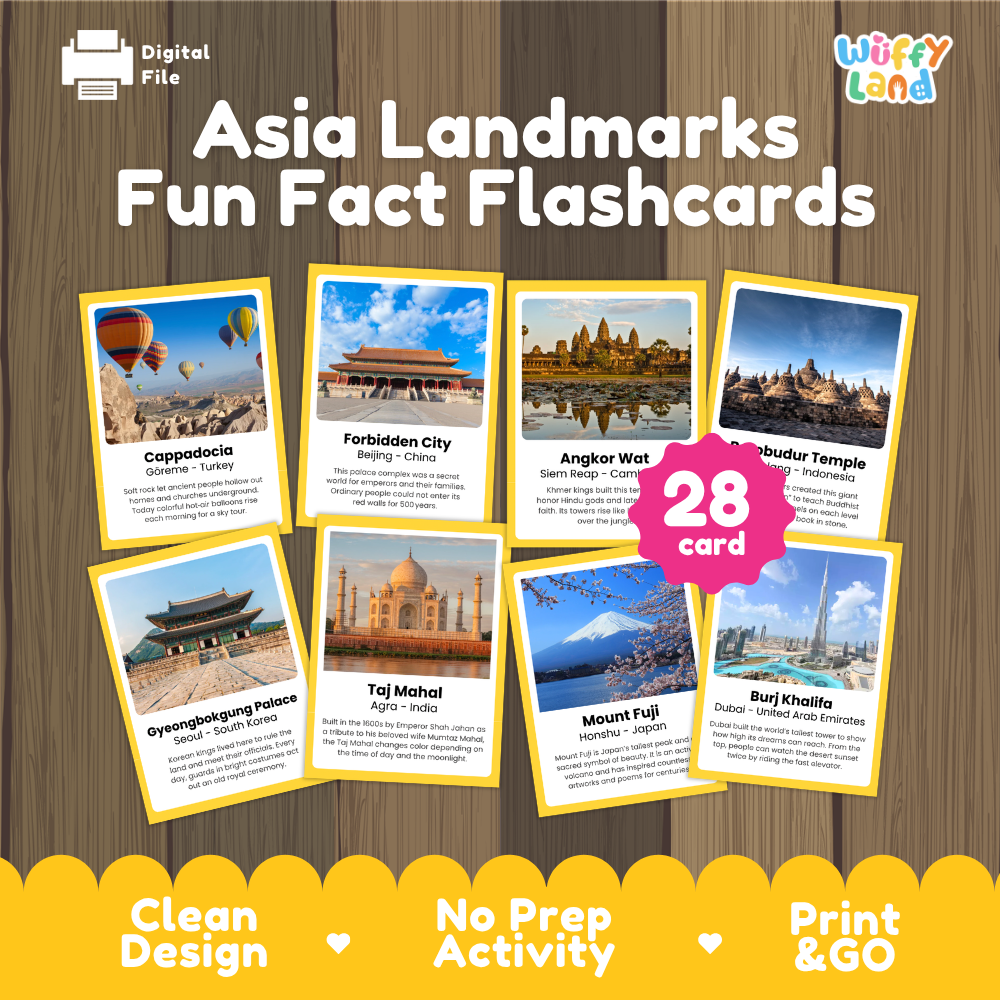Asia landmarks fun fact flashcards cover showing 28 cards featuring Cappadocia Forbidden City Angkor Wat Borobudur and Burj Khalifa