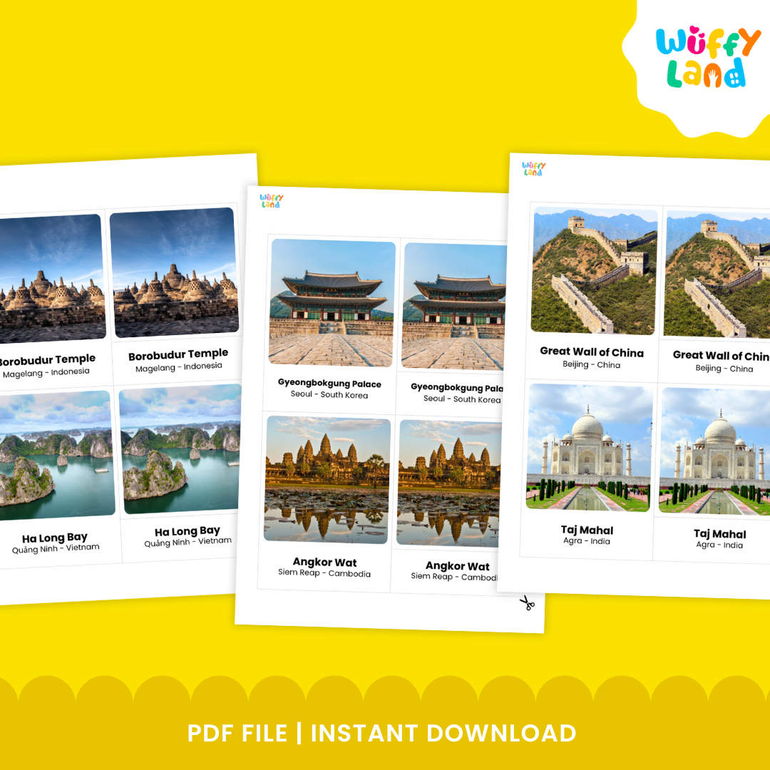 Montessori 3 part cards of famous Asian landmarks with landmark photos, names and locations for hands-on geography activities