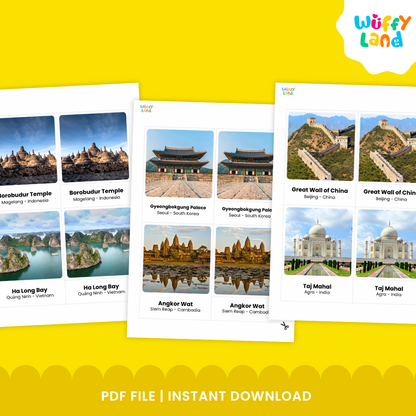Montessori 3 part cards of famous Asian landmarks with landmark photos, names and locations for hands-on geography activities