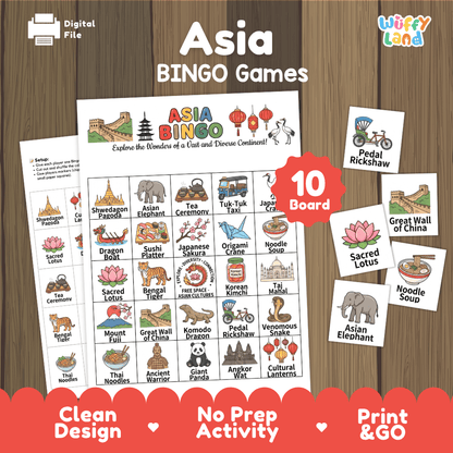 Asia Geography BINGO Games Printable Activity