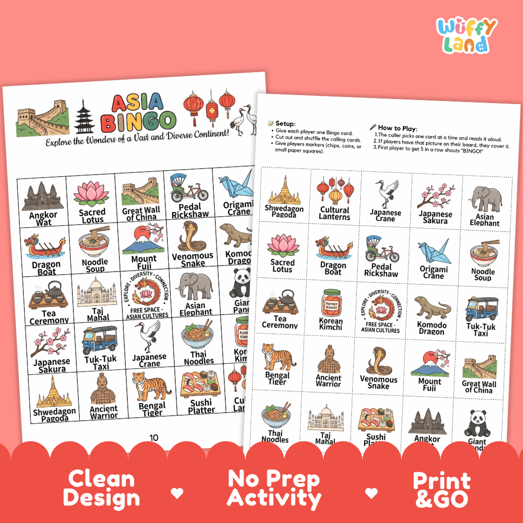 Asia Geography BINGO Games Printable Activity