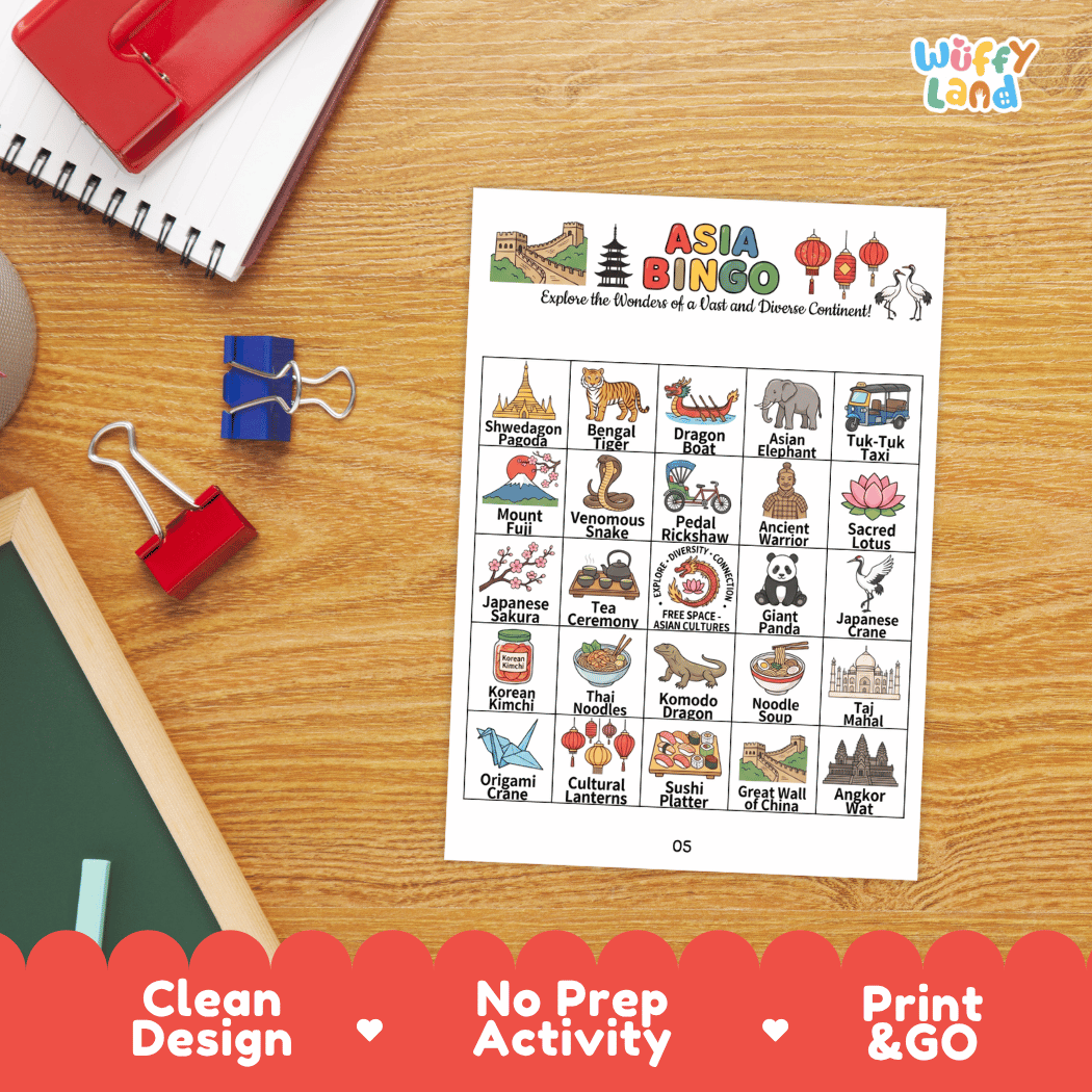 Asia Geography BINGO Games Printable Activity