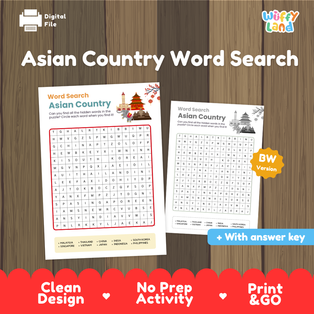 Asian country word search cover showing printable geography puzzle sheets in color and black-and-white