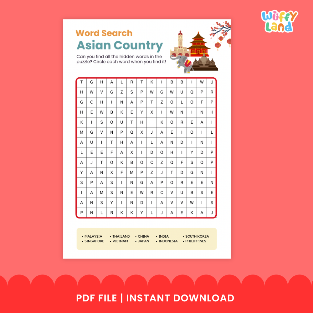 Printable word search worksheet featuring a letter grid, Asian landmark illustrations, and country word bank