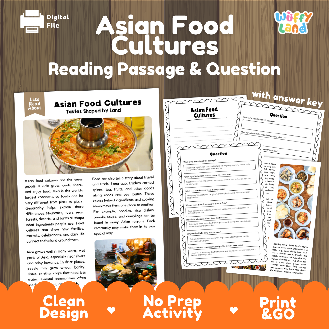 Asian Food Cultures reading comprehension passage and questions printable activity pack with answer key for elementary students