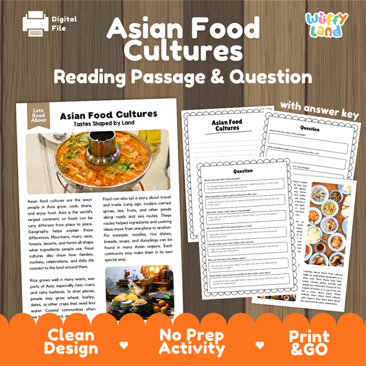 Asian Food Cultures reading comprehension passage and questions printable activity pack with answer key for elementary students