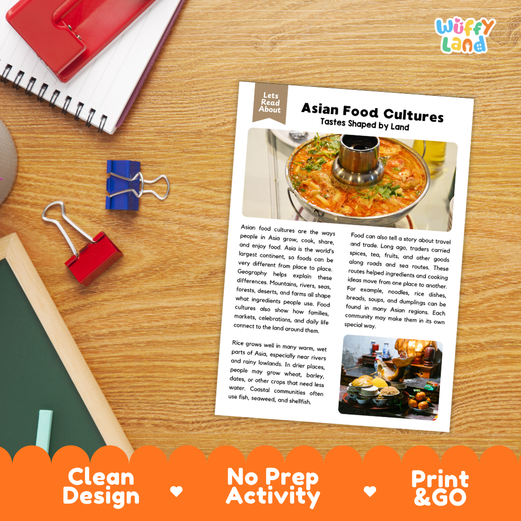 Student reading comprehension worksheet with short-answer questions and lined sections about Asian food cultures
