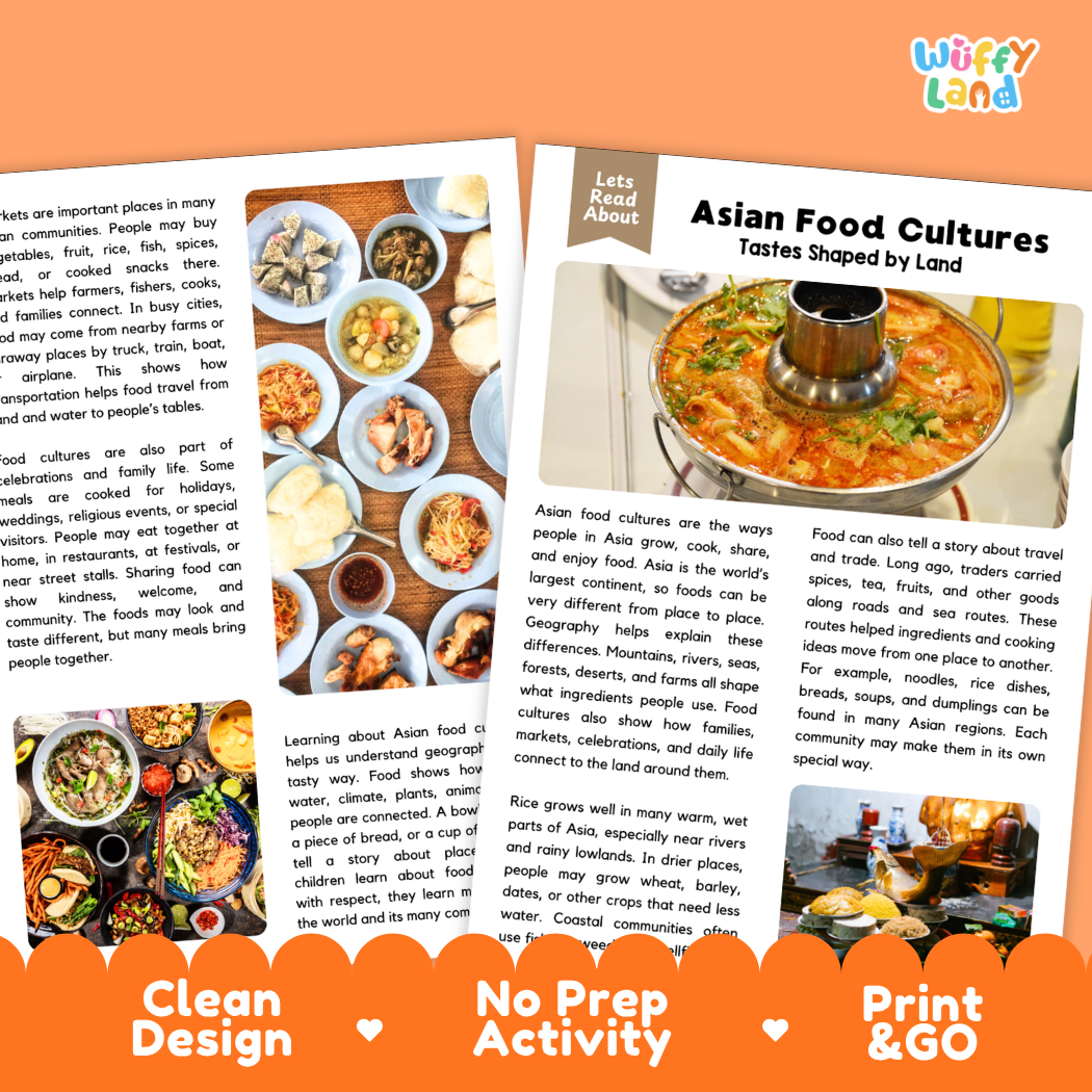 Teacher answer key page showing complete question solutions for Asian Food Cultures geography and social studies reading comprehension practice