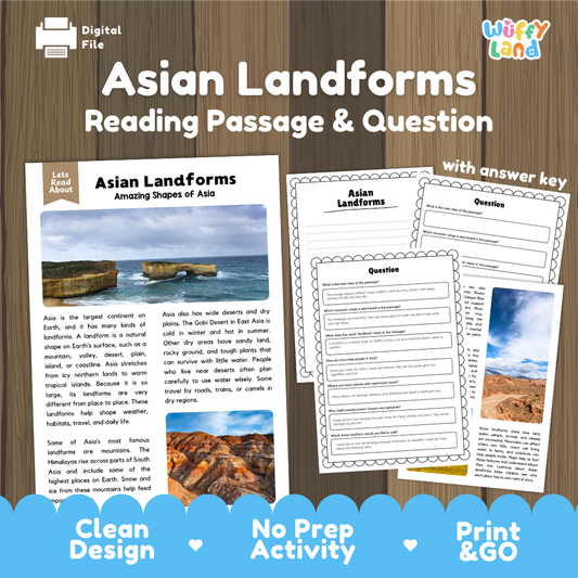 Asian Landforms reading comprehension passage and questions printable activity pack with answer key for elementary students