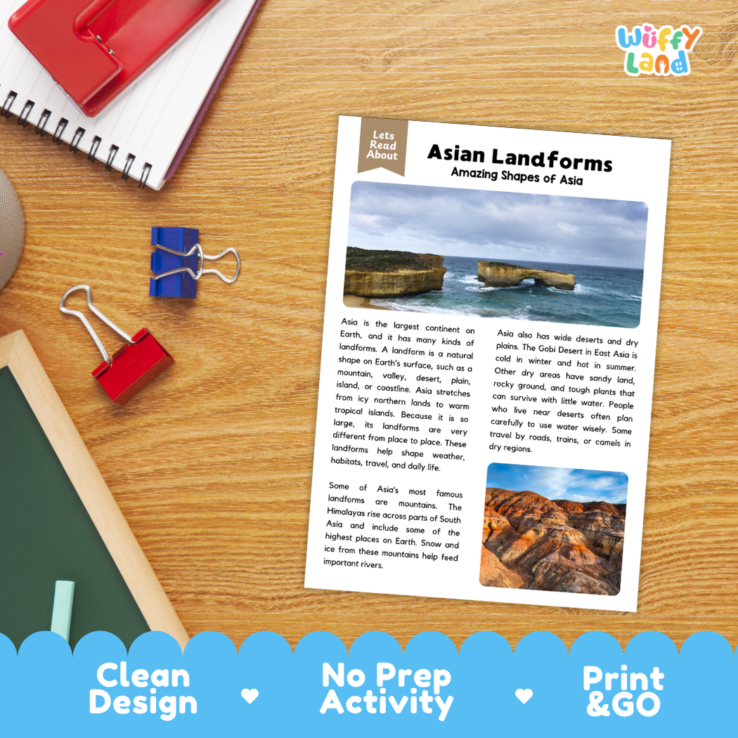 Student reading comprehension worksheet with short-answer questions and lined sections about Asian landforms