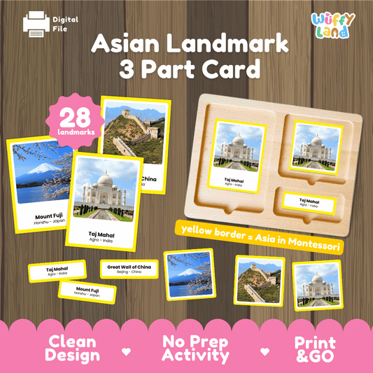 Asian landmark 3 part card printable yellow border Montessori geography activity pack overview from Wuffy Land featuring 28 landmarks 🌏🏯