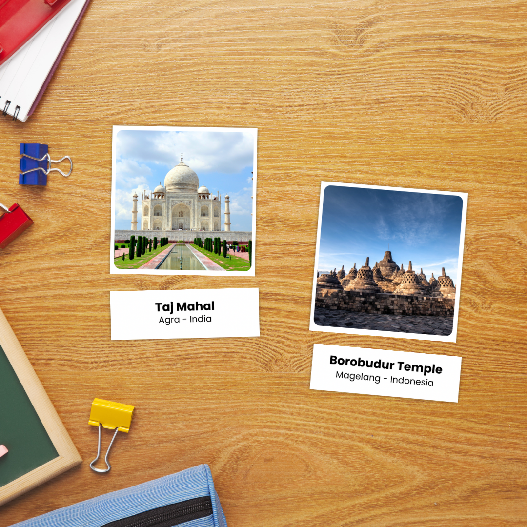 Asian landmarks 3 part matching activity with picture cards and labels for Montessori classroom, homeschool and geography centers