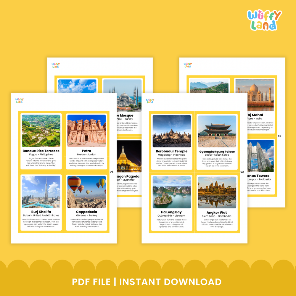 Printable flashcards showing Cappadocia hot air balloons and Taj Mahal with location subtitles and educational trivia